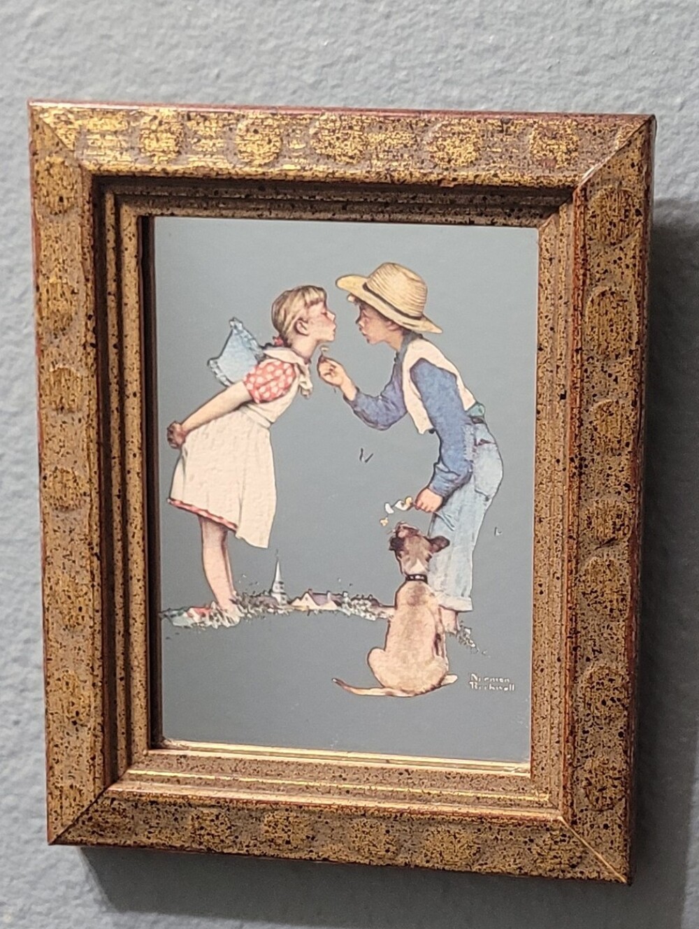 Small Vintage Norman Rockwell Framed Mirror Art "Beguiling Buttercup"